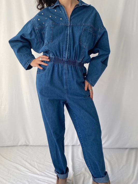 80s vintage blue denim long sleeved jumpsuit - medium large | heavy cotton utility workwear full zip jean pantsuit