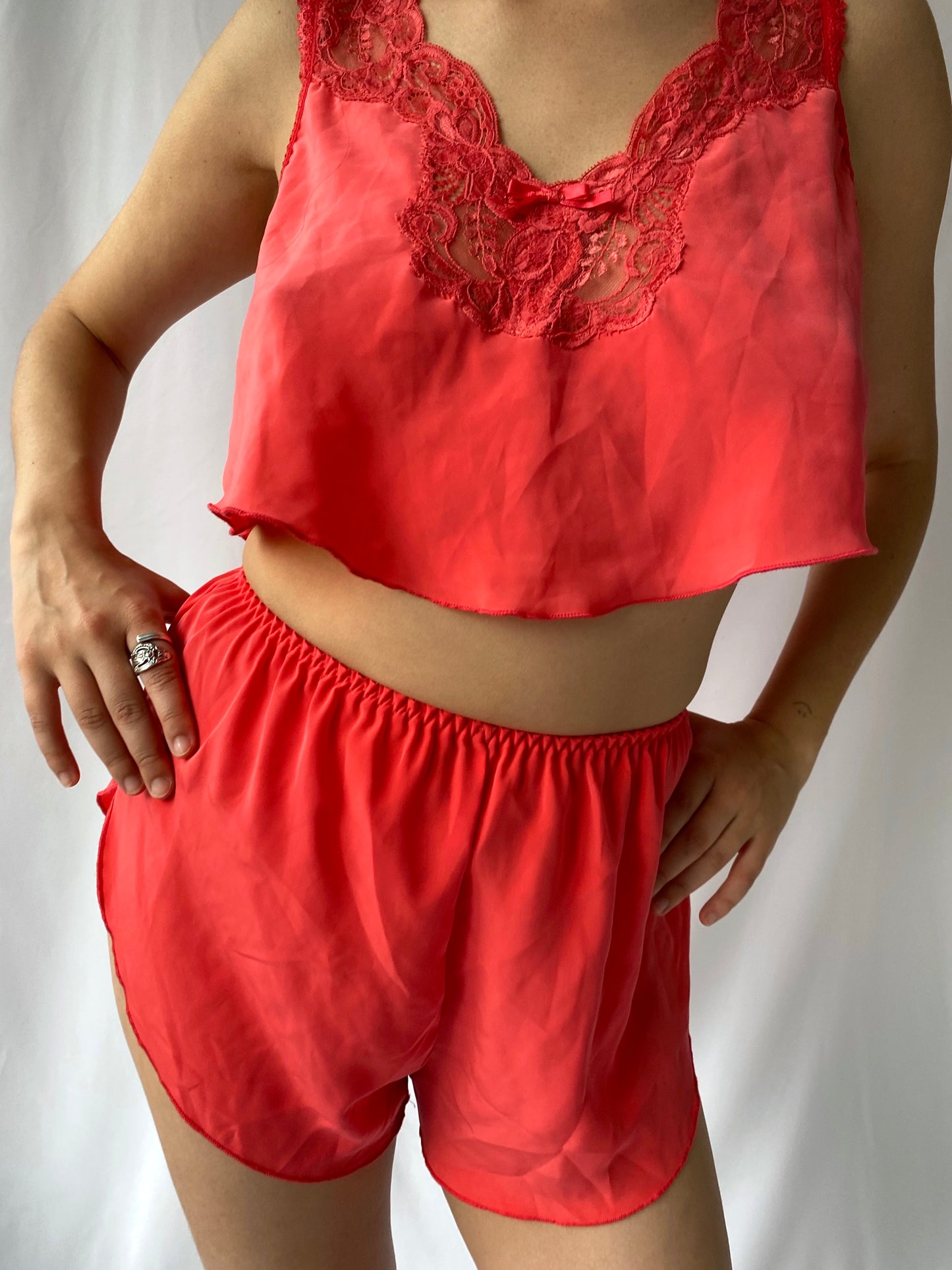 80s vintage pink lingerie camisole mini shorts matching set - small | silky lace sexy cute bow crop top pajama lounge two 2 piece coord set