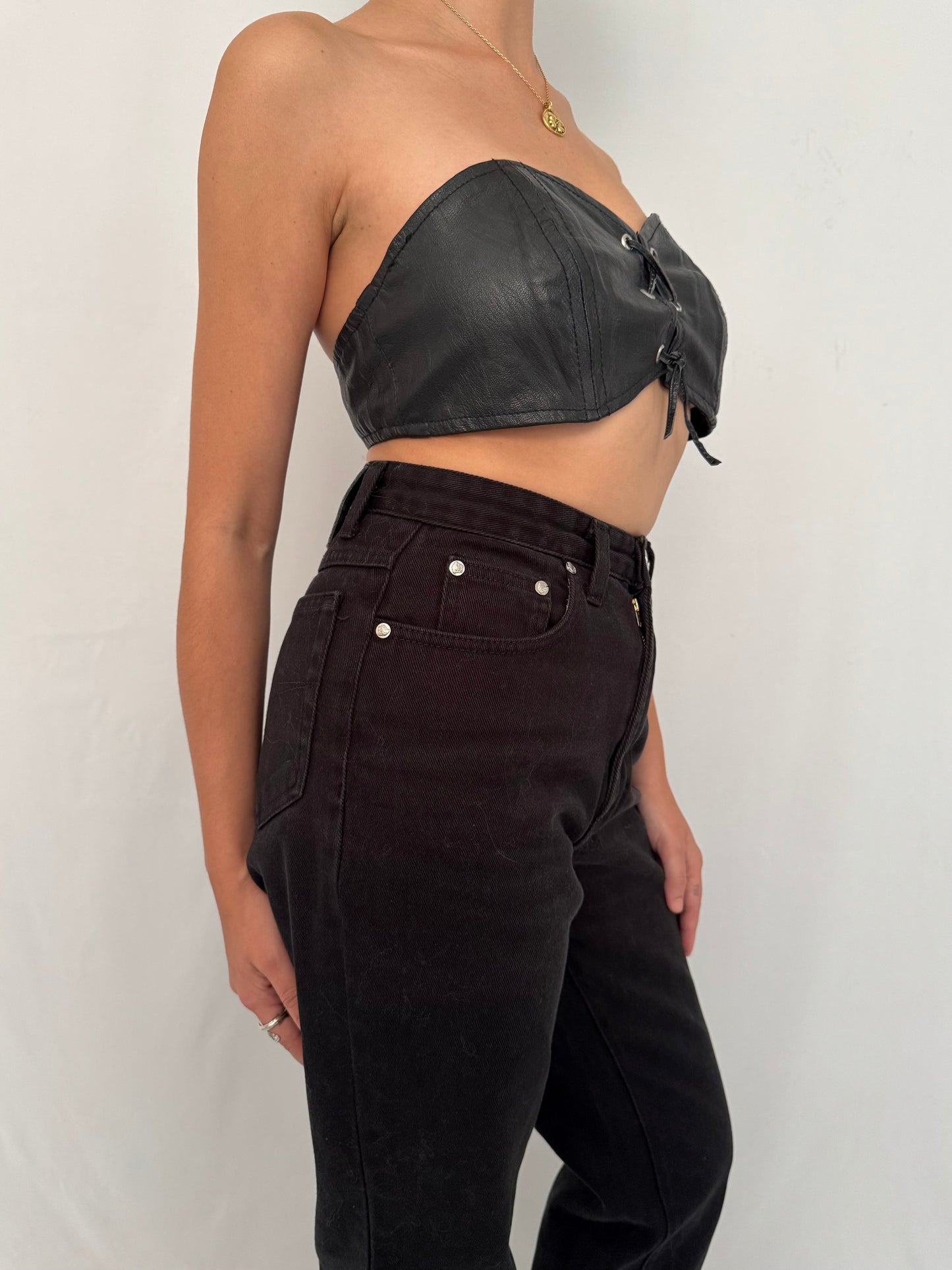 80s vintage black leather biker strapless bandeau bra