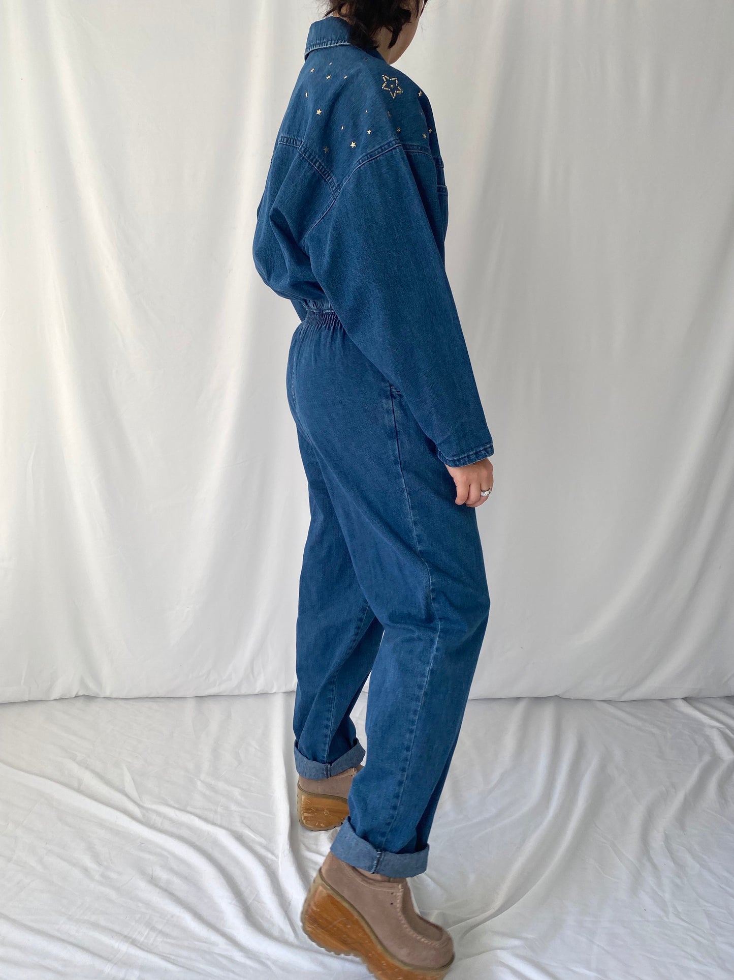 80s vintage blue denim long sleeved jumpsuit - medium large | heavy cotton utility workwear full zip jean pantsuit