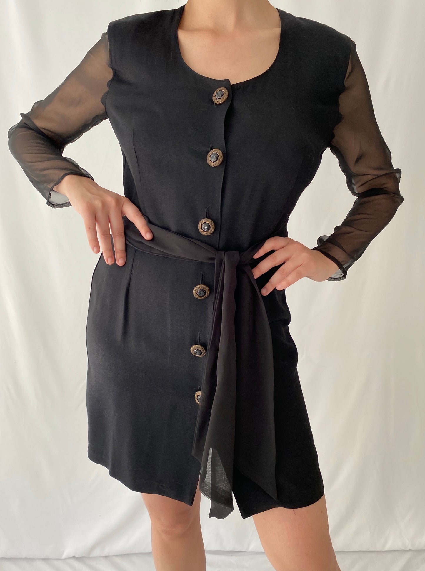 80s vintage black sheer long sleeve button up midi dress – small medium | retro preppy witchy goth grunge party secretary dress