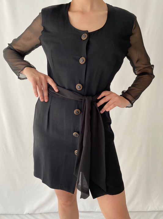 80s vintage black sheer long sleeve button up midi dress – small medium | retro preppy witchy goth grunge party secretary dress