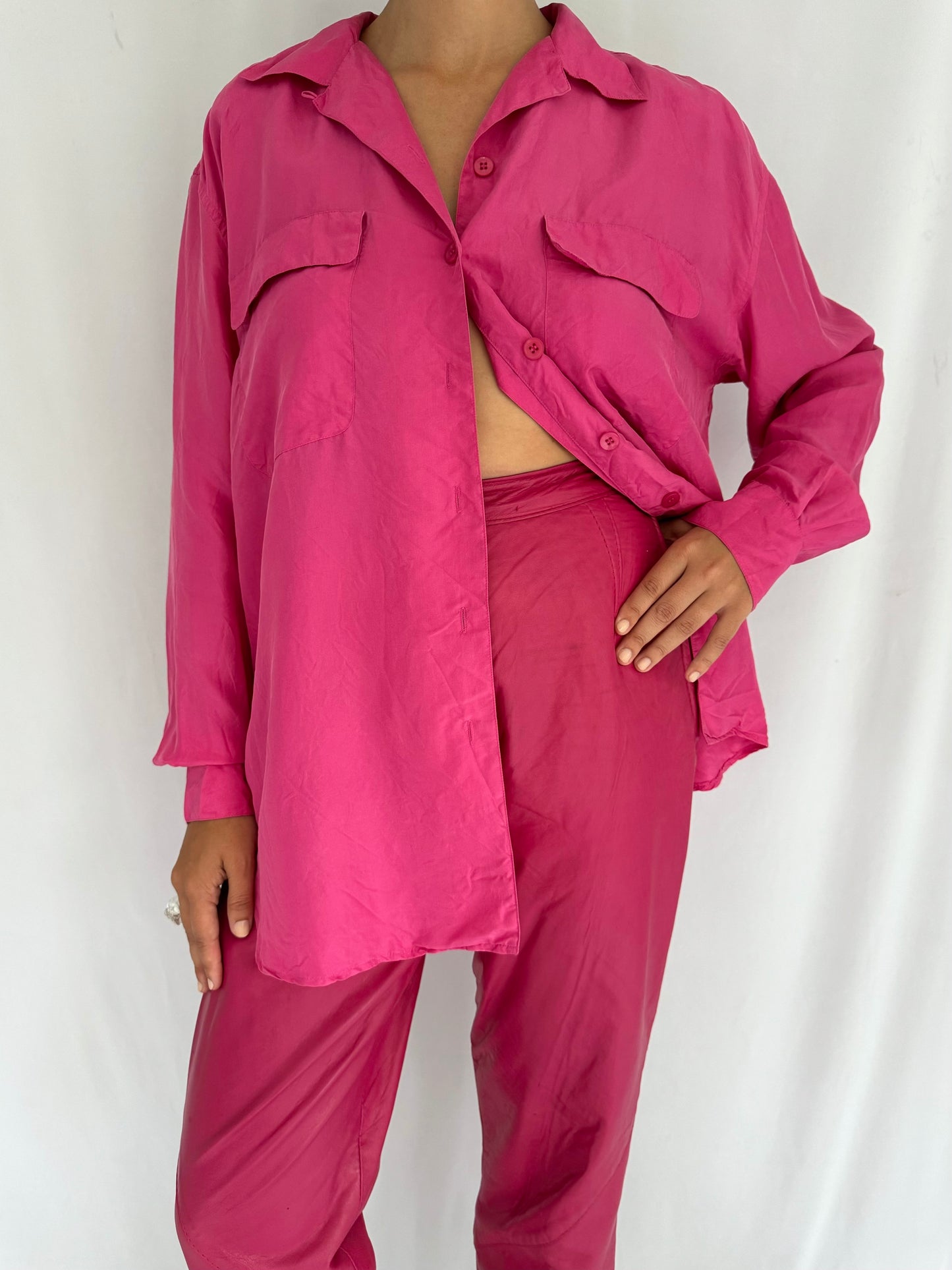 80s vintage pink silk long sleeved button up blouse – medium, large | lightweight flowy collared top