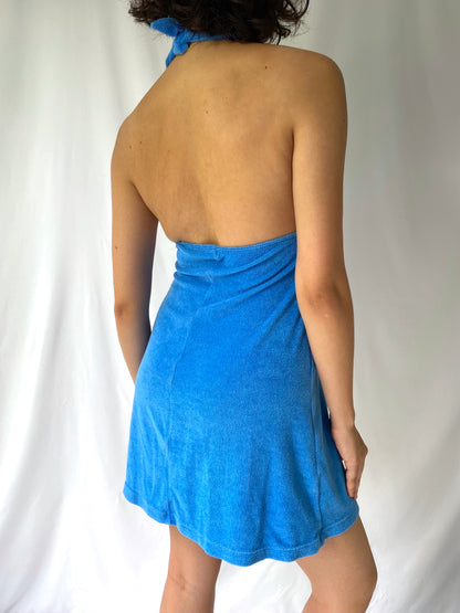 90s y2k vintage blue ralph lauren polo terry cloth halter dress – small, medium | backless cotton vacation summer dress