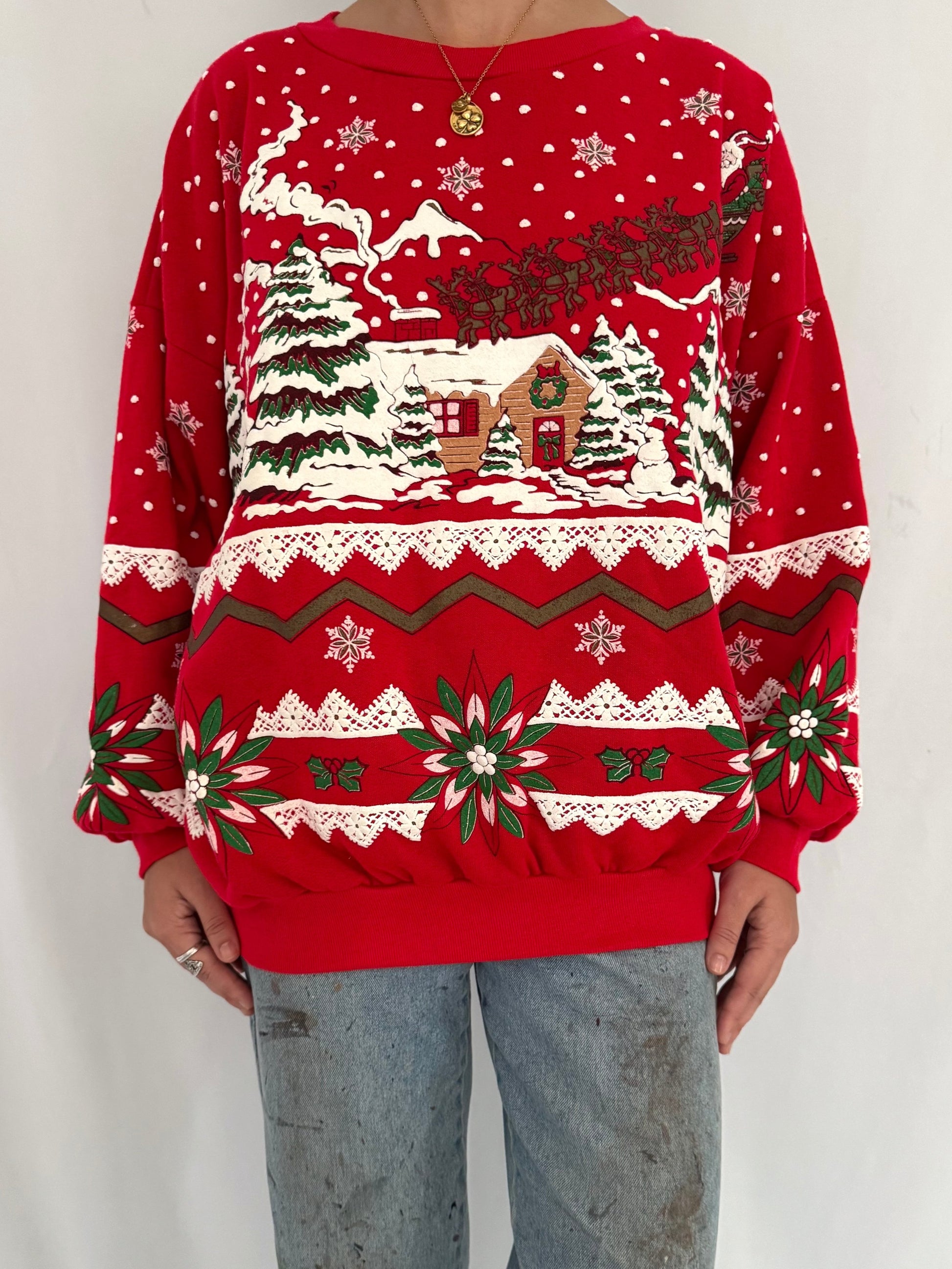 90s vintage red snowy winter scene graphic pullover sweatshirt