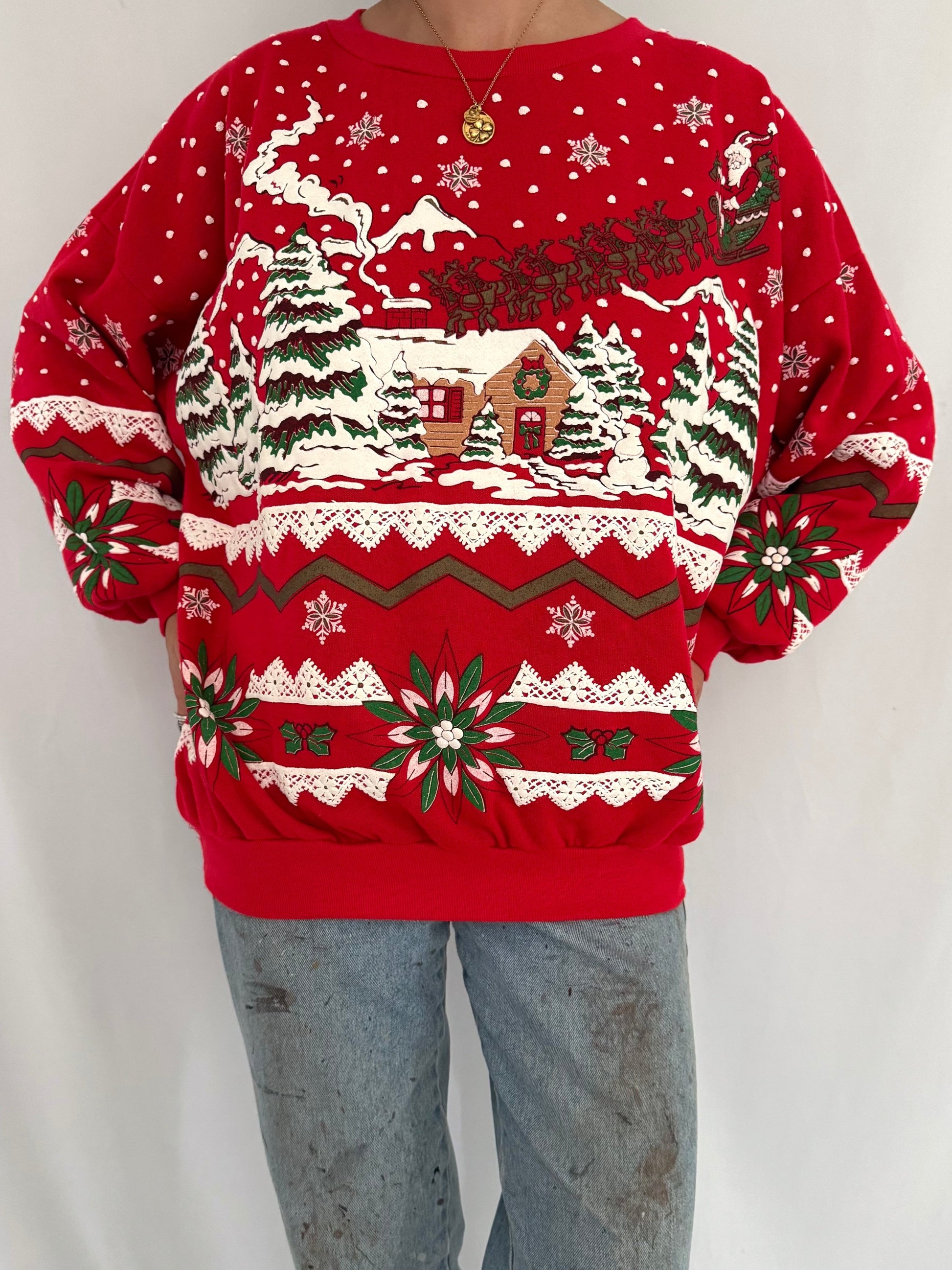 90s vintage red snowy winter scene graphic pullover sweatshirt