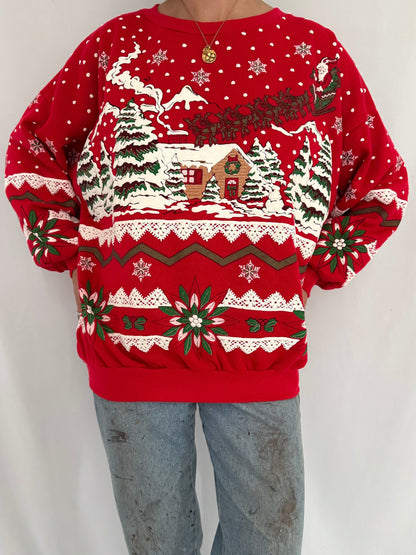 90s vintage red snowy winter scene graphic pullover sweatshirt