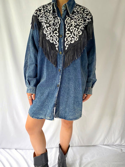 90s vintage blue denim embroidered fringed suede long button up shirt – medium, large | funky western boho collared boxy jacket