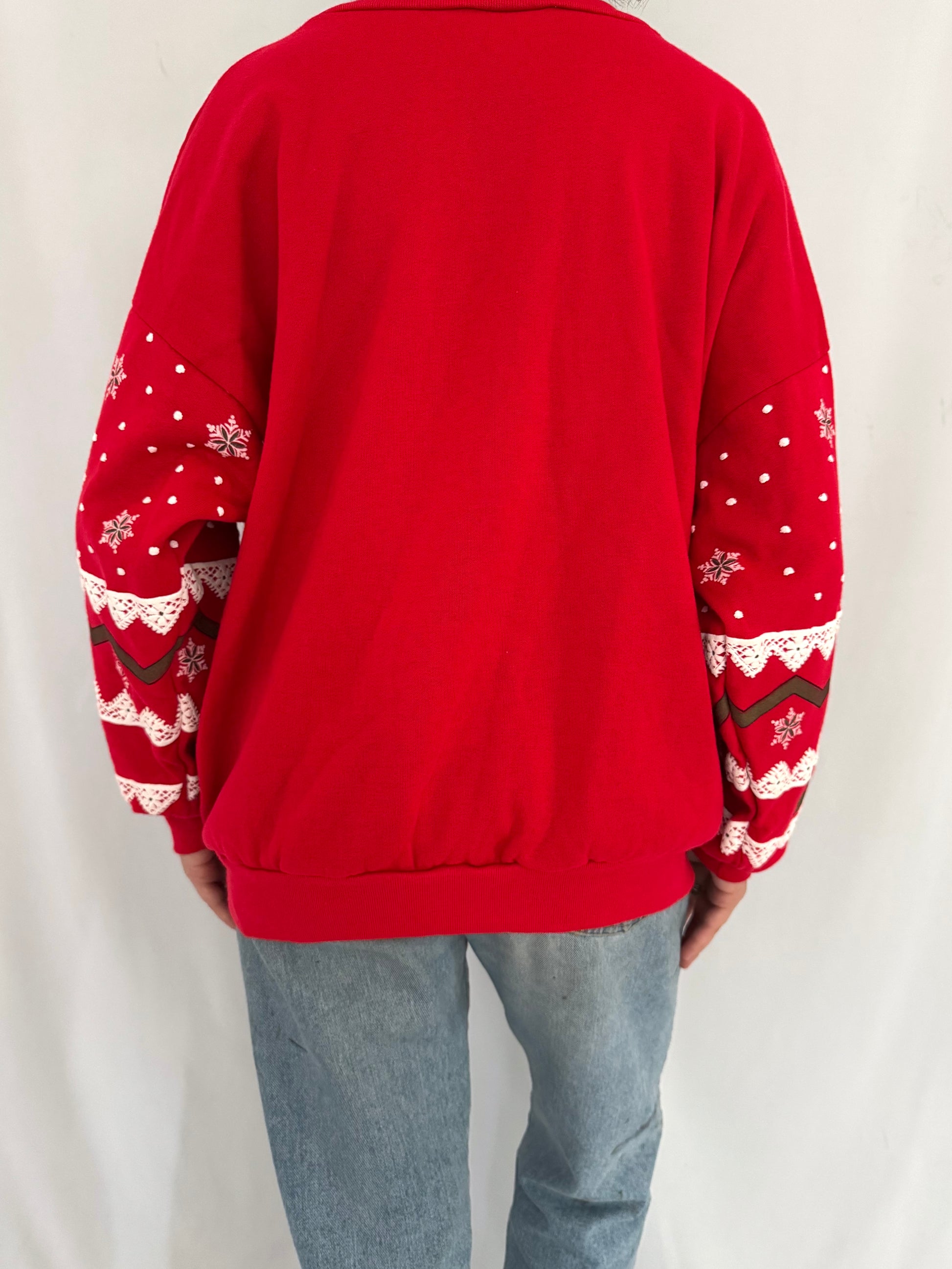 90s vintage red snowy winter scene graphic pullover sweatshirt