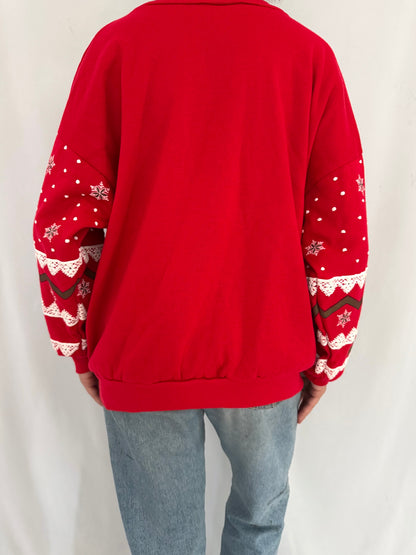 90s vintage red snowy winter scene graphic pullover sweatshirt
