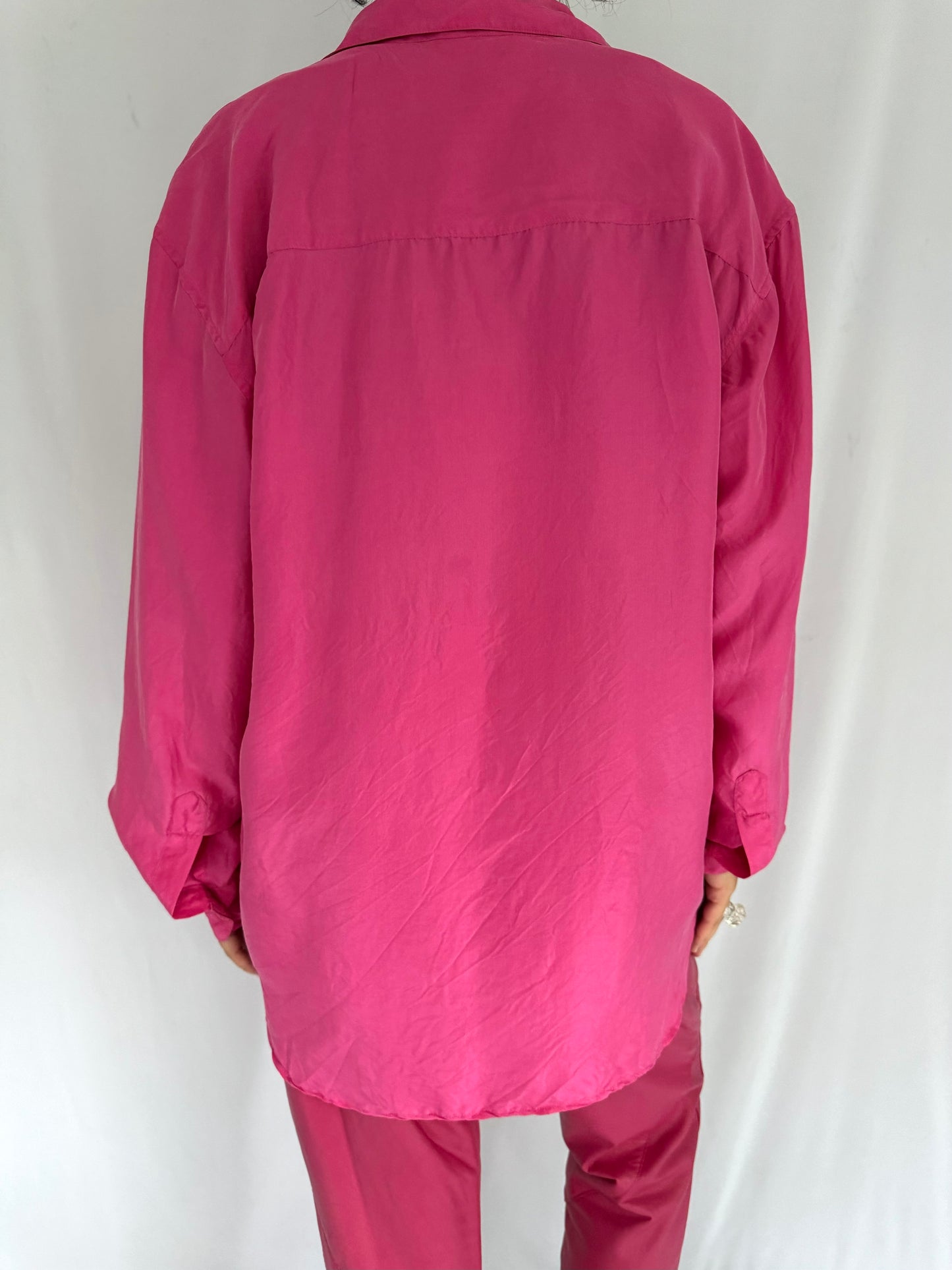 80s vintage pink silk long sleeved button up blouse – medium, large | lightweight flowy collared top