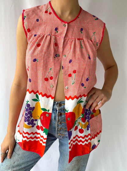 60s 70s vintage red white fruit cherries vest top – small medium | country artist smock tunic apron