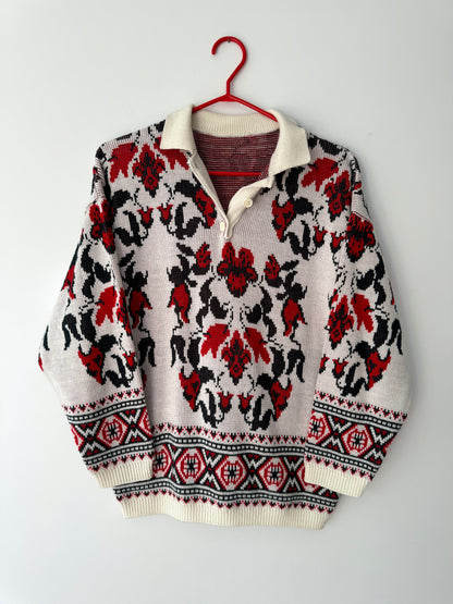 90s vintage multicolor floral abstract collared knit sweater – small, medium