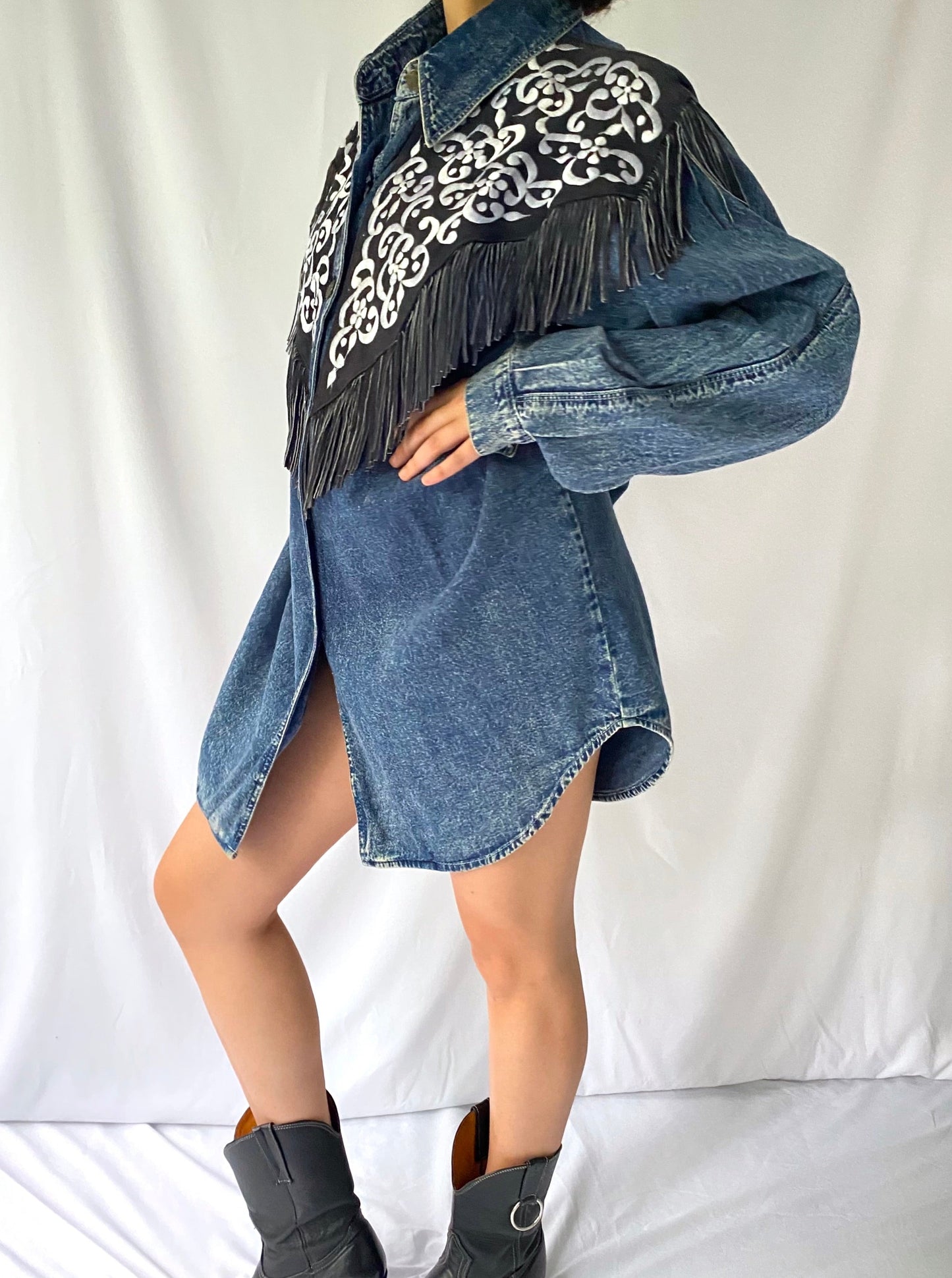 90s vintage blue denim embroidered fringed suede long button up shirt – medium, large | funky western boho collared boxy jacket