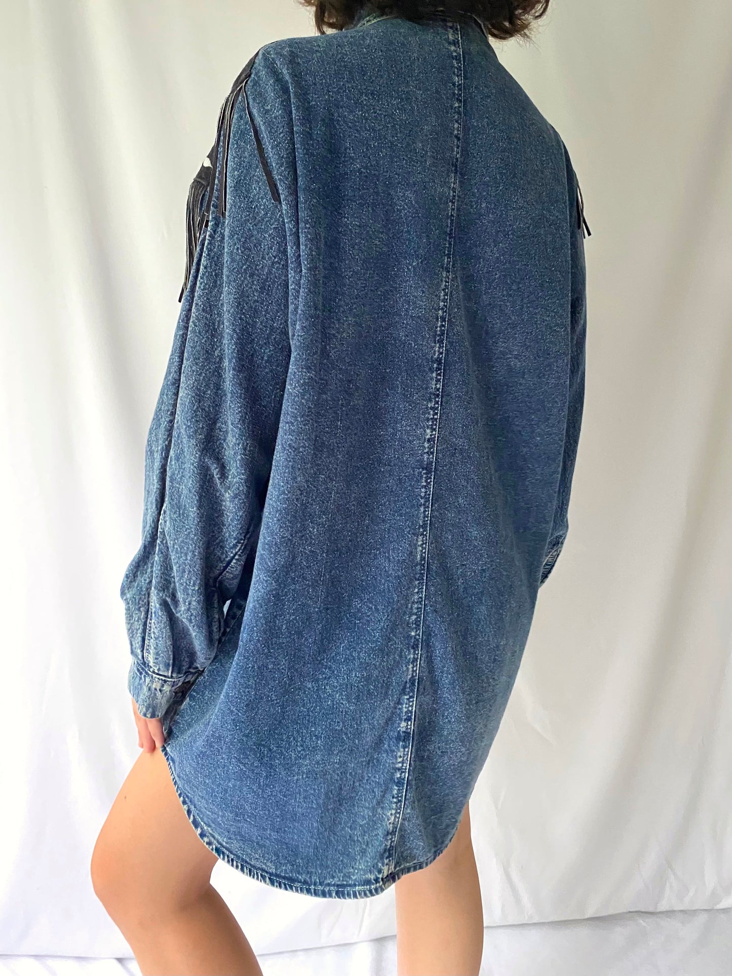 90s vintage blue denim embroidered fringed suede long button up shirt – medium, large | funky western boho collared boxy jacket