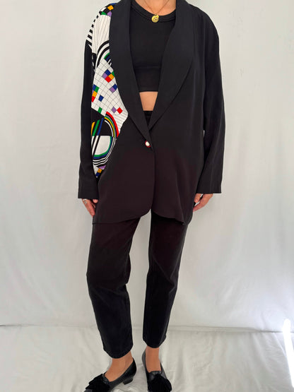 90s vintage black rainbow abstract print blazer – large | novelty retro artsy bold collared light jacket