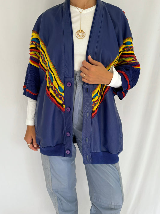 90s vintage blue multicolor funky leather knit button up cardigan – one size | unique crazy retro chunky sweater jacket