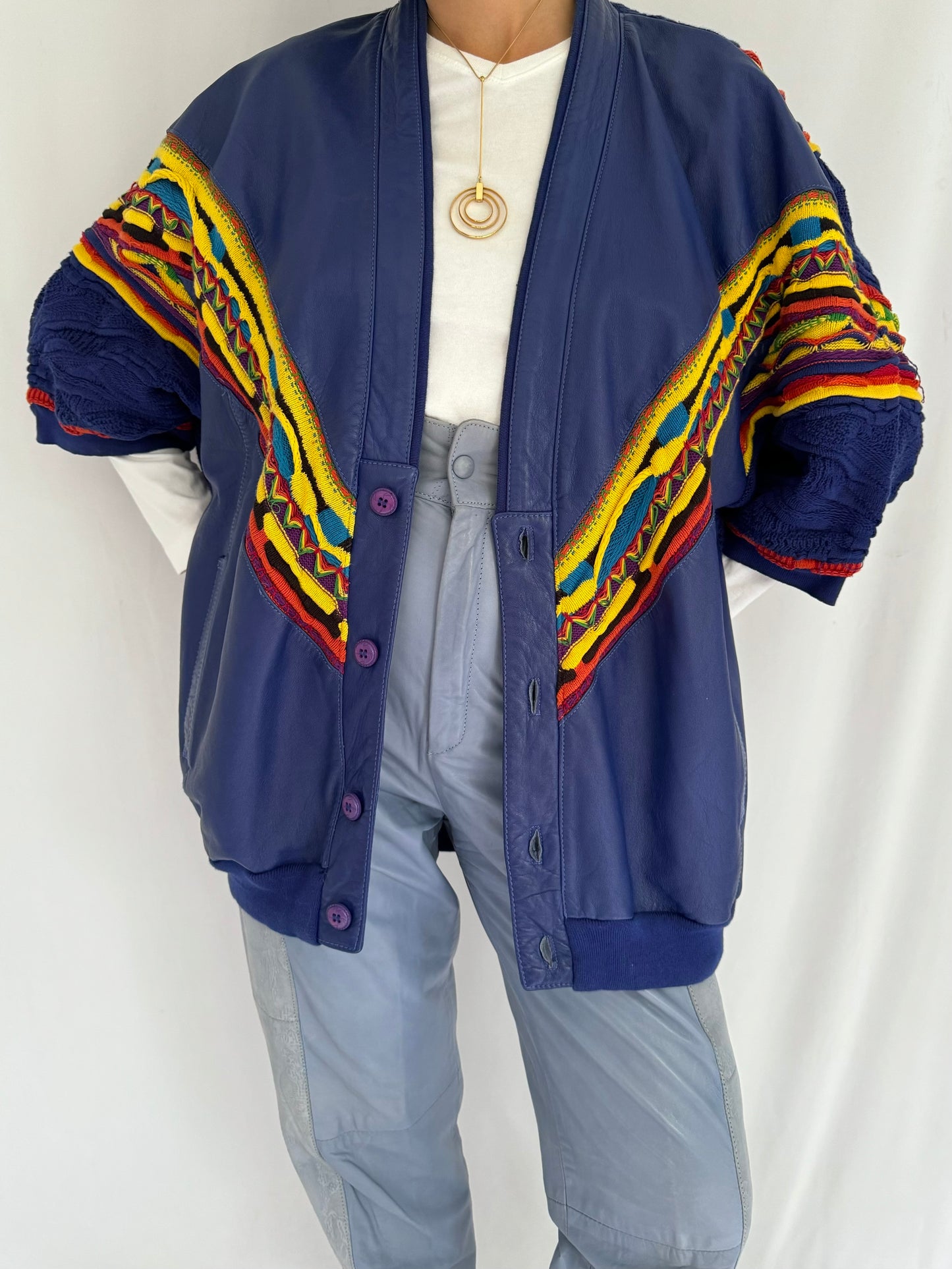 90s vintage blue coogi style leather knit button up cardigan