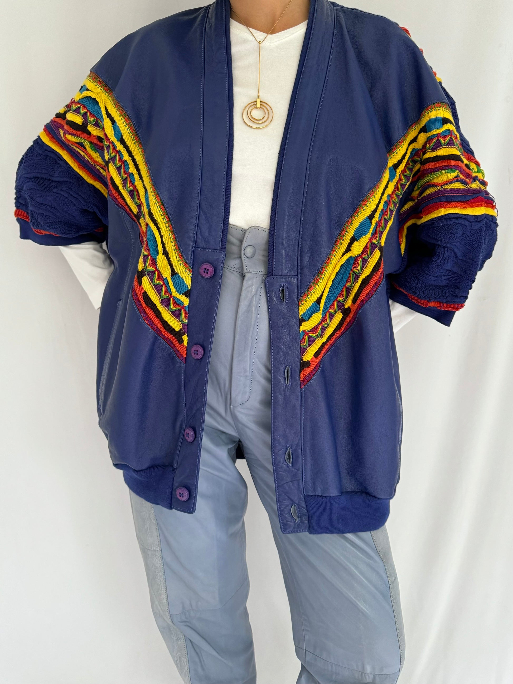 90s vintage blue coogi style leather knit button up cardigan