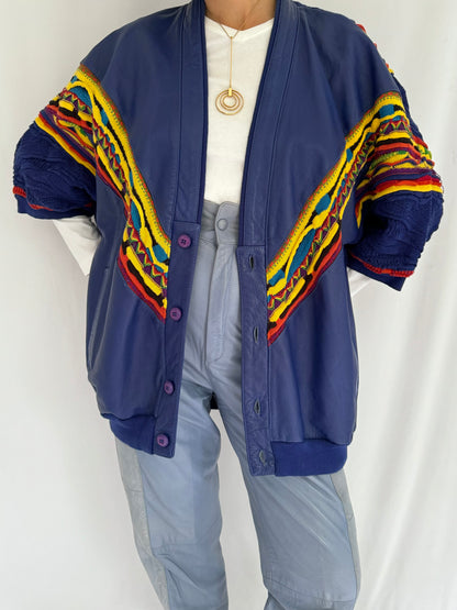 90s vintage blue coogi style leather knit button up cardigan
