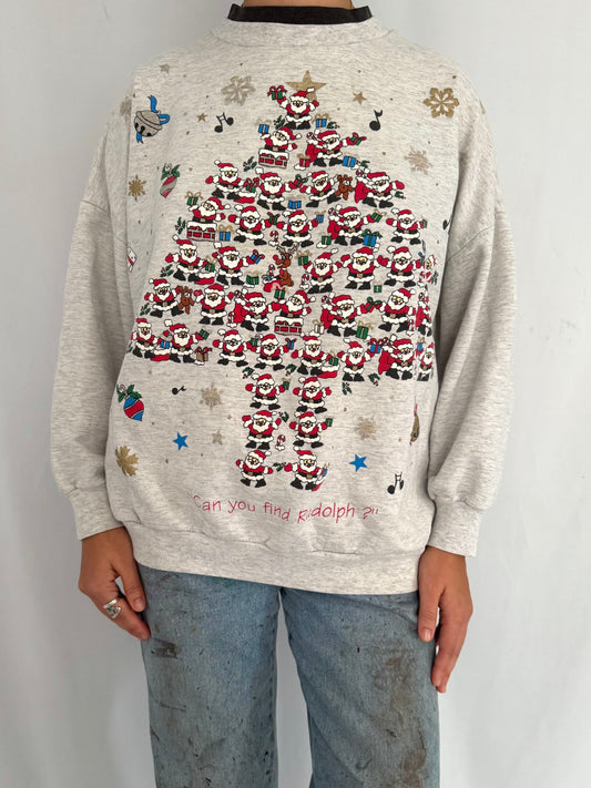 90s vintage grey christmas tree santa scene graphic pullover sweater – small | cutewinter holiday outdoor collared sweatshirt