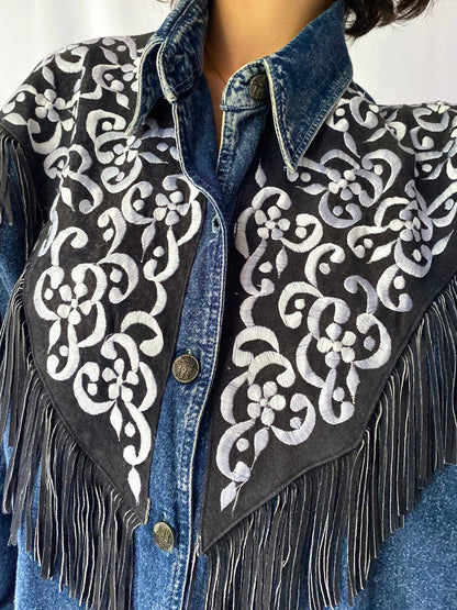 90s vintage blue denim embroidered fringed suede long button up shirt – medium, large | funky western boho collared boxy jacket