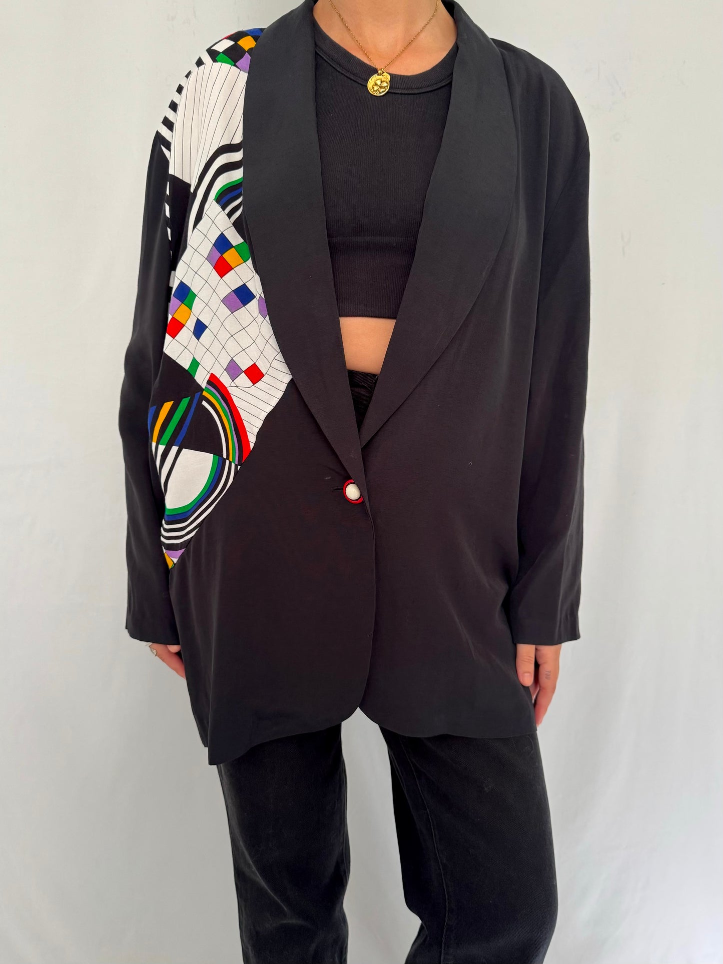 90s vintage black rainbow abstract print blazer – large | novelty retro artsy bold collared light jacket