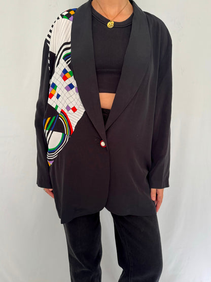 90s vintage black rainbow abstract print blazer – large | novelty retro artsy bold collared light jacket