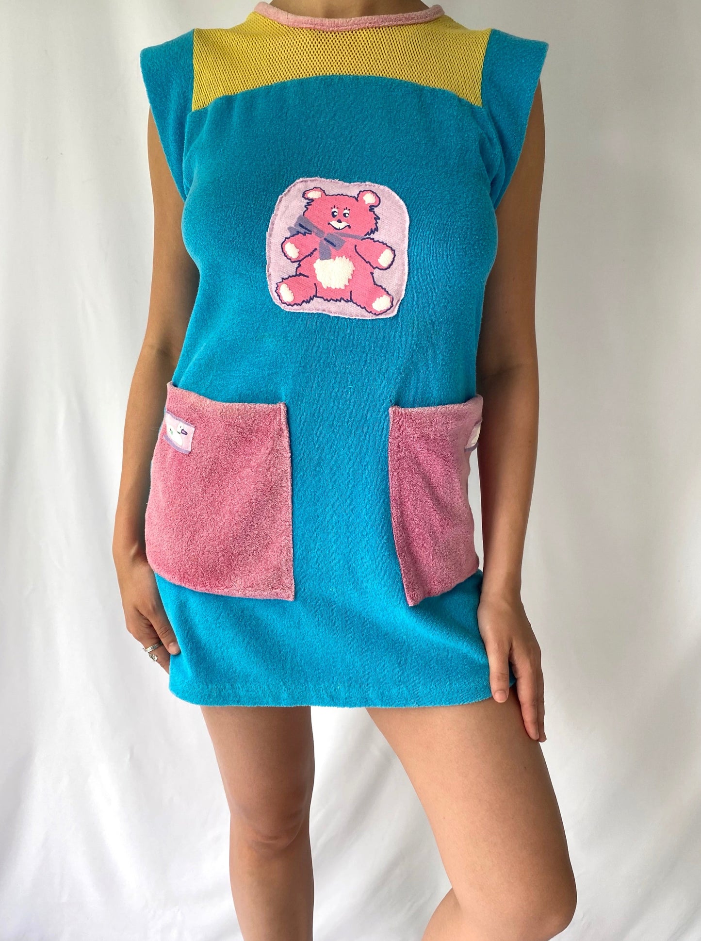 70s vintage reworked blue pink yellow teddy bear terry cloth dress – small | upcycled unique kawaii summer cover up