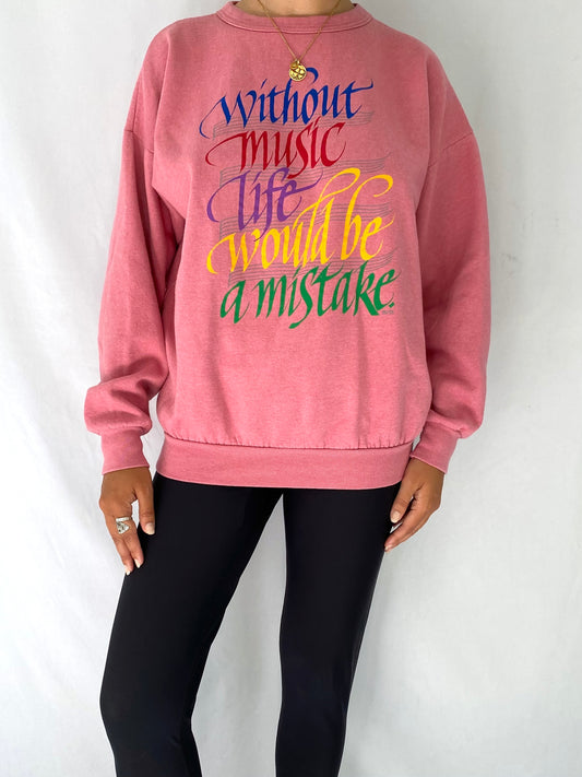 90s vintage pink music lover graphic quote pullover sweater – small, medium | sheet music notes crewneck sweatshirt