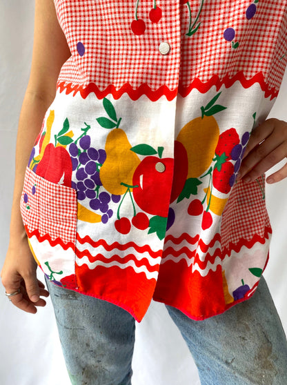 60s 70s vintage red white fruit cherries vest top – small medium | country artist smock tunic apron