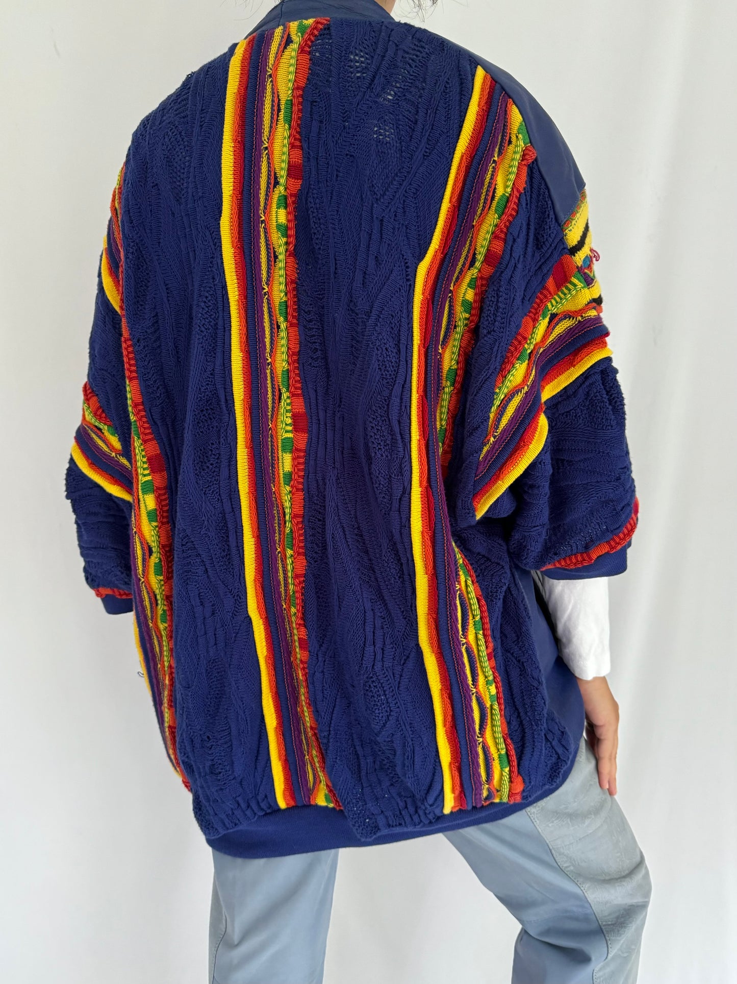 90s vintage blue coogi style leather knit button up cardigan