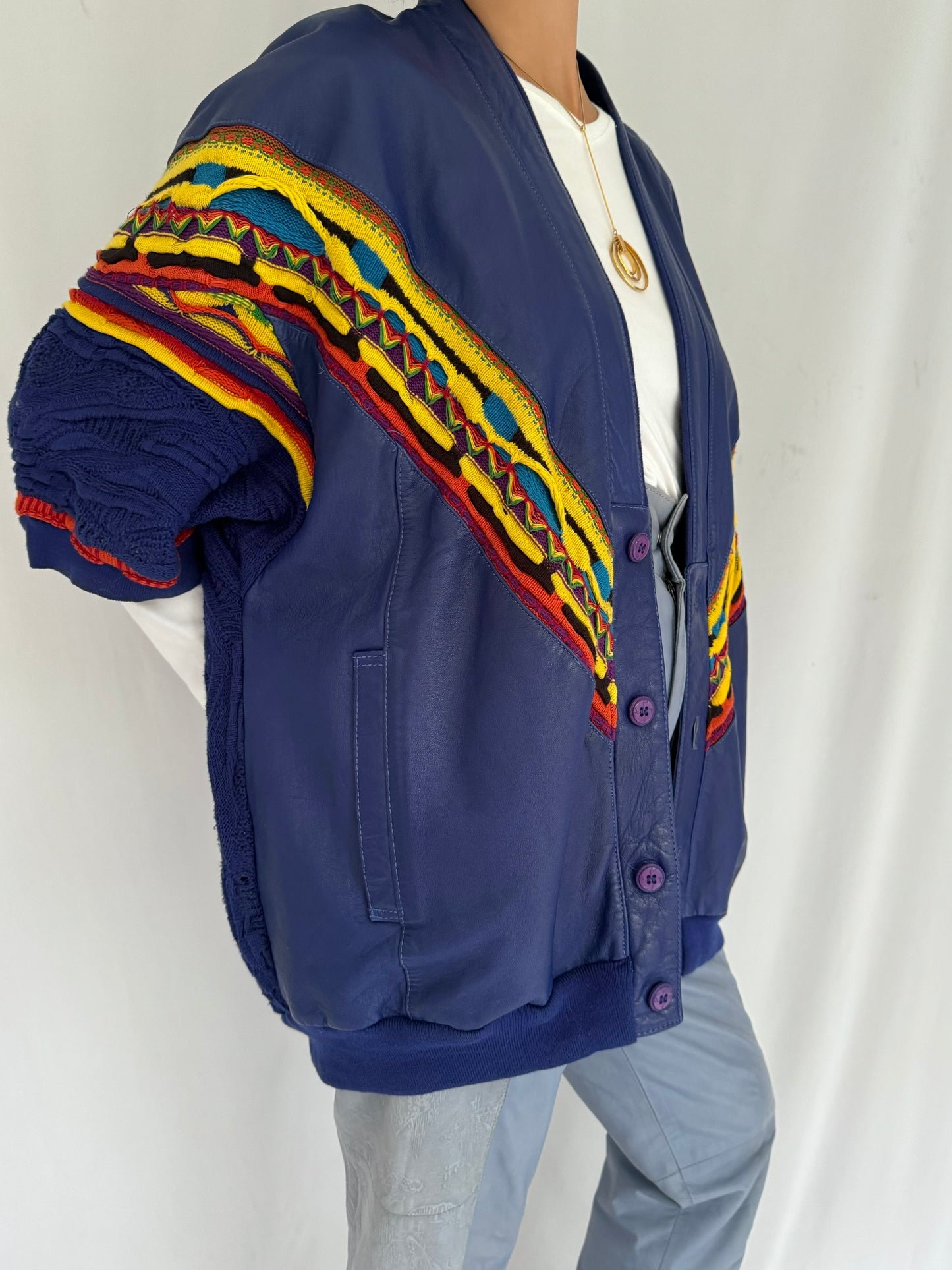 90s vintage blue coogi style leather knit button up cardigan