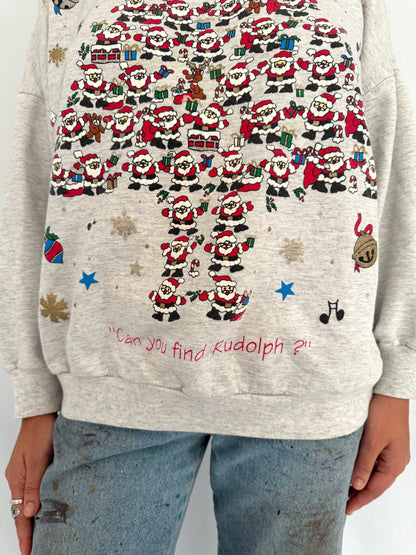 90s vintage grey christmas tree santa scene graphic pullover sweater – small | cutewinter holiday outdoor collared sweatshirt