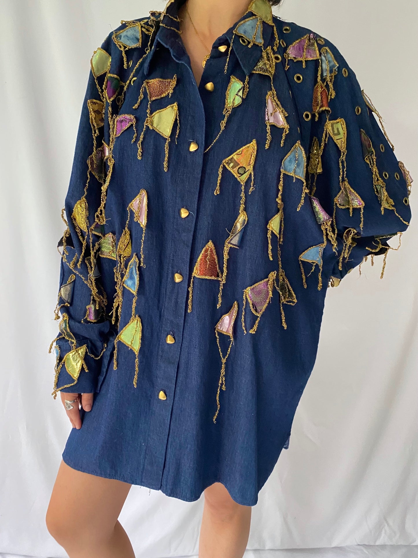 90s vintage blue denim embroidered fringe rainbow patches long shirt | funky western boho collared button up tunic