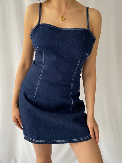 90s vintage blue denim sleeveless mini dress – medium, large | pure cotton fitted stretch jean dress