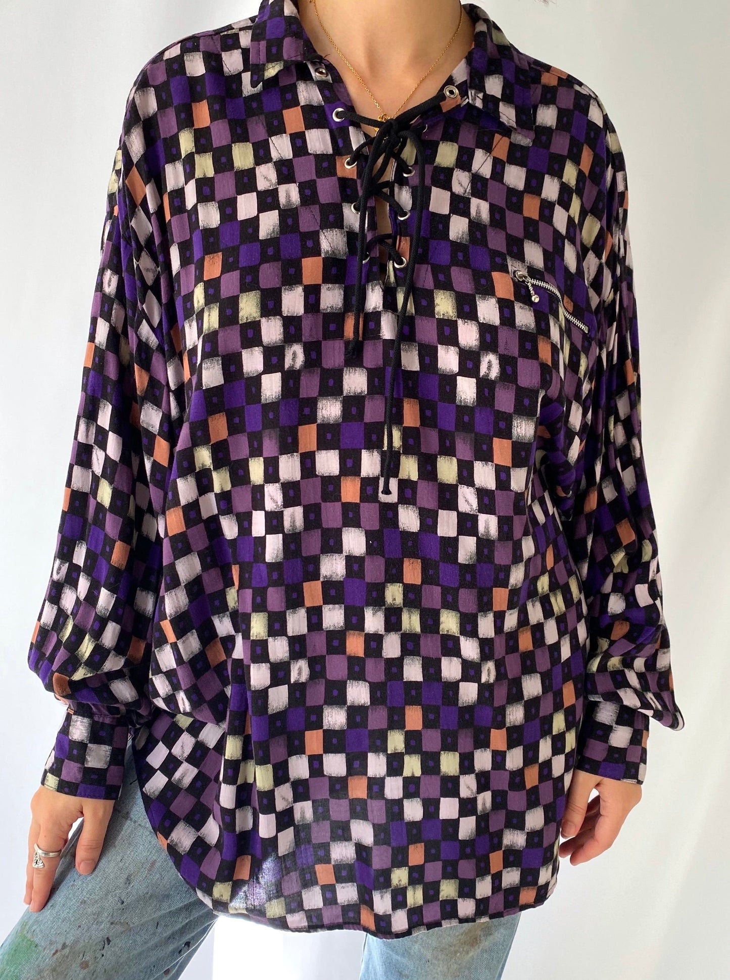 80s vintage purple checkered pullover blouse – medium, large | abstract artsy long sleeved collared shirt