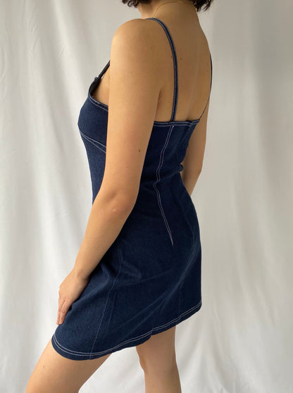 90s vintage blue denim sleeveless mini dress – medium, large | pure cotton fitted stretch jean dress