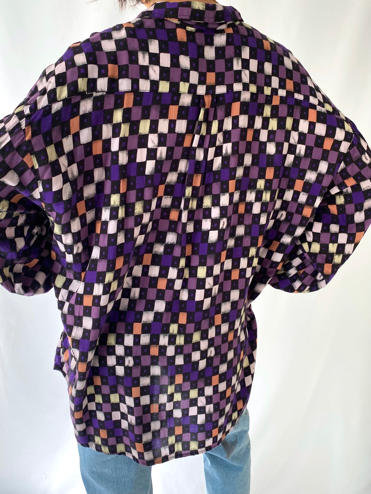 80s vintage purple checkered pullover blouse – medium, large | abstract artsy long sleeved collared shirt