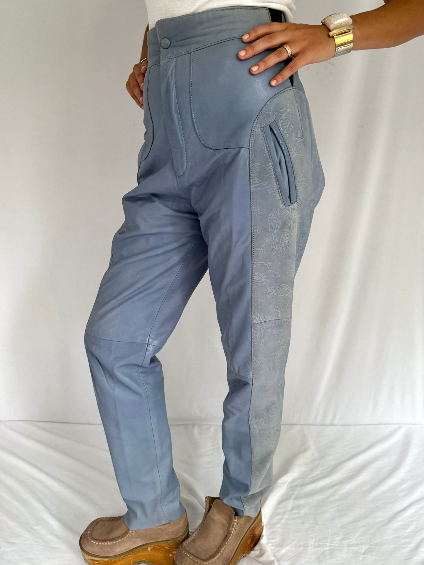 80s vintage light blue tapered leather suede pants – small, medium | soft ultra high rise waist trousers