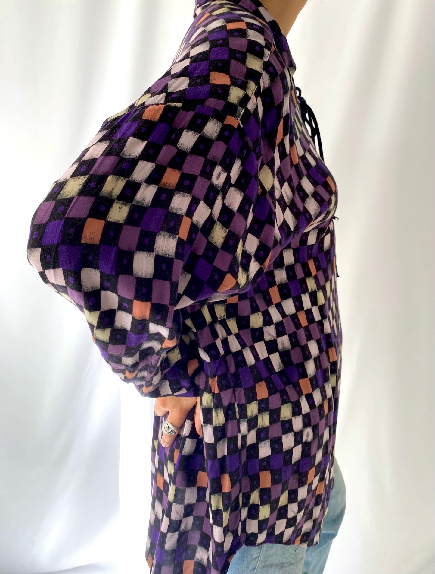 80s vintage purple checkered pullover blouse – medium, large | abstract artsy long sleeved collared shirt