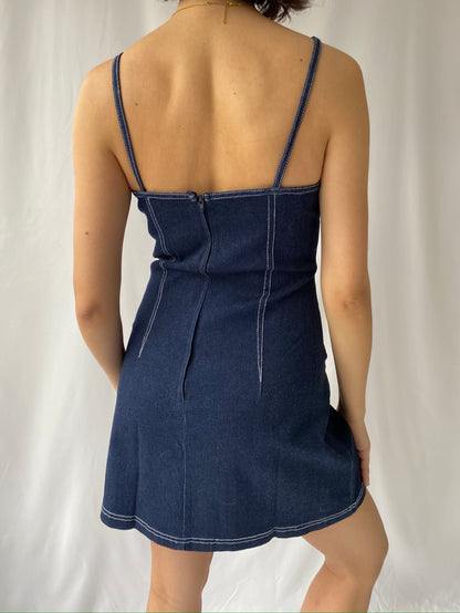 90s vintage blue denim sleeveless mini dress – medium, large | pure cotton fitted stretch jean dress