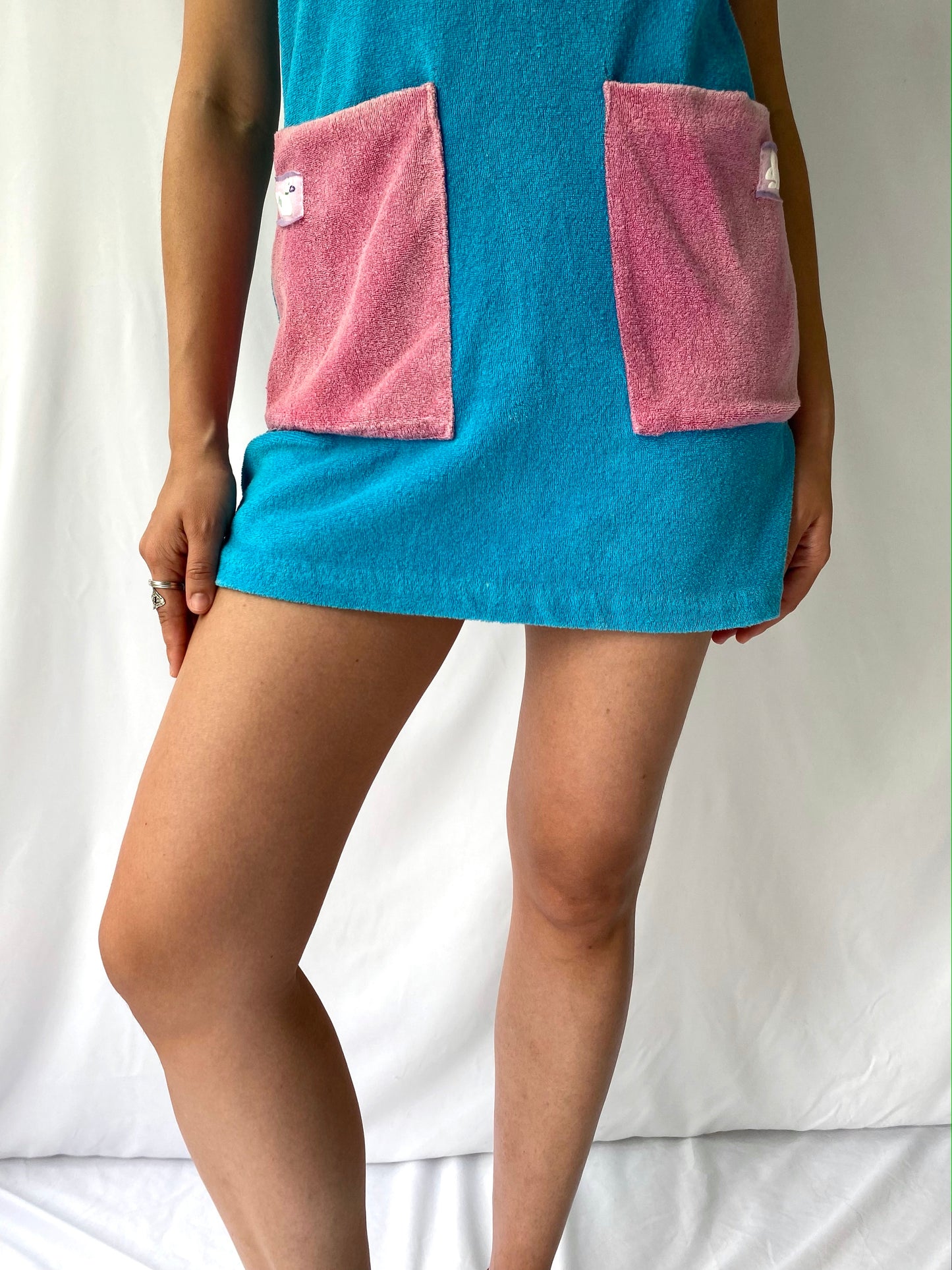 70s vintage reworked blue pink yellow teddy bear terry cloth dress – small | upcycled unique kawaii summer cover up