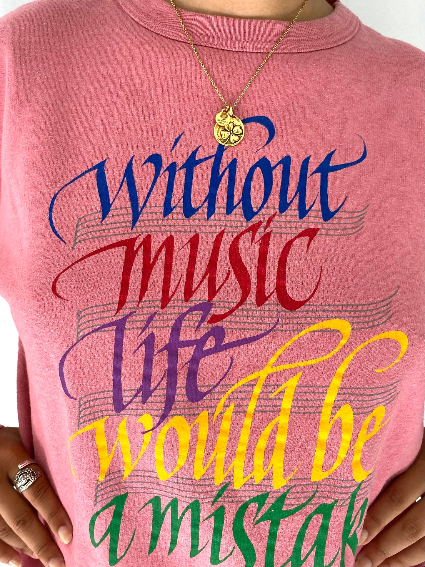 90s vintage pink music lover graphic quote pullover sweater – small, medium | sheet music notes crewneck sweatshirt