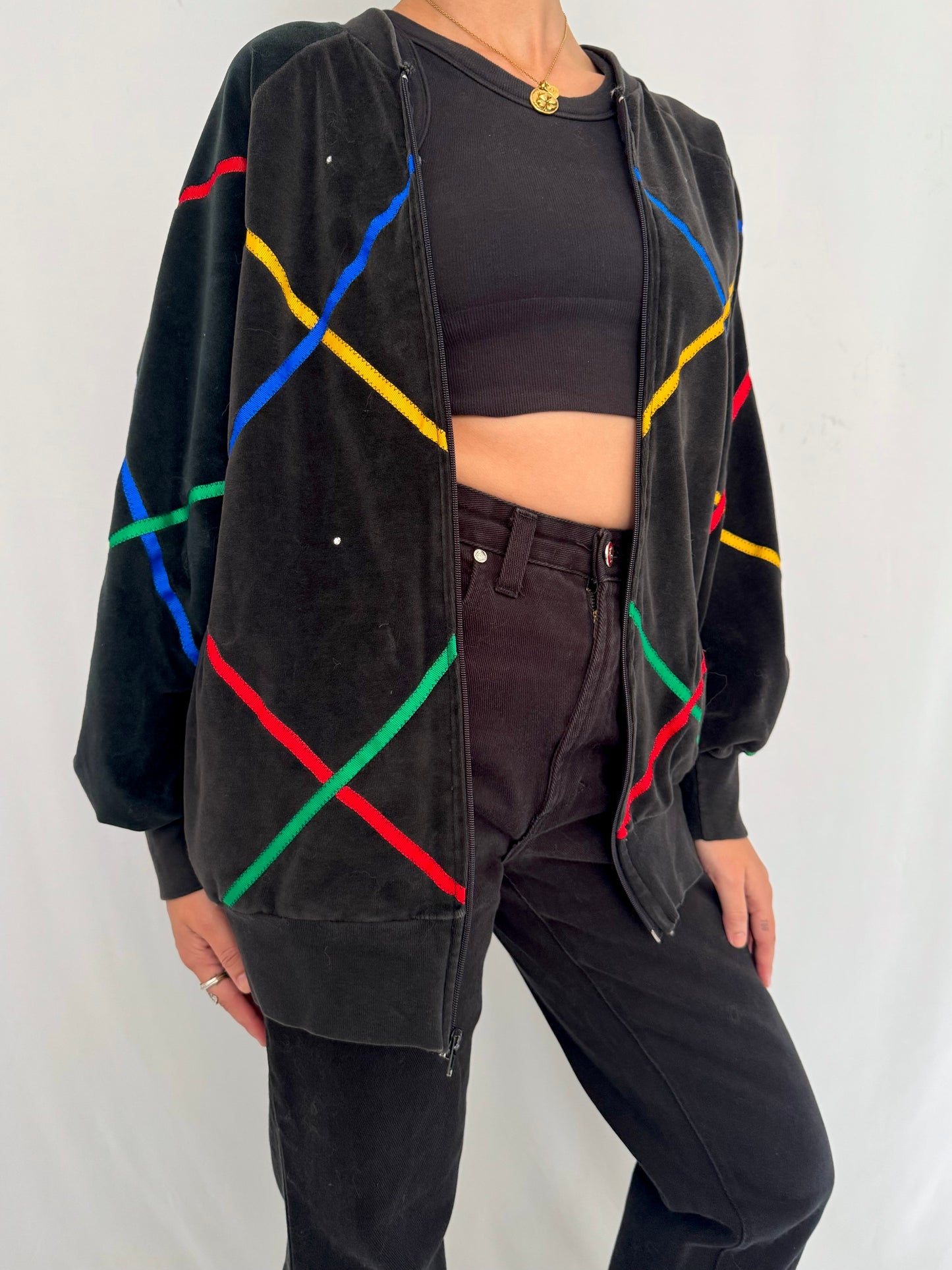 80s vintage black rainbow striped velour track jacket – small, medium | retro funky casual sporty abstract zip up sweatshirt