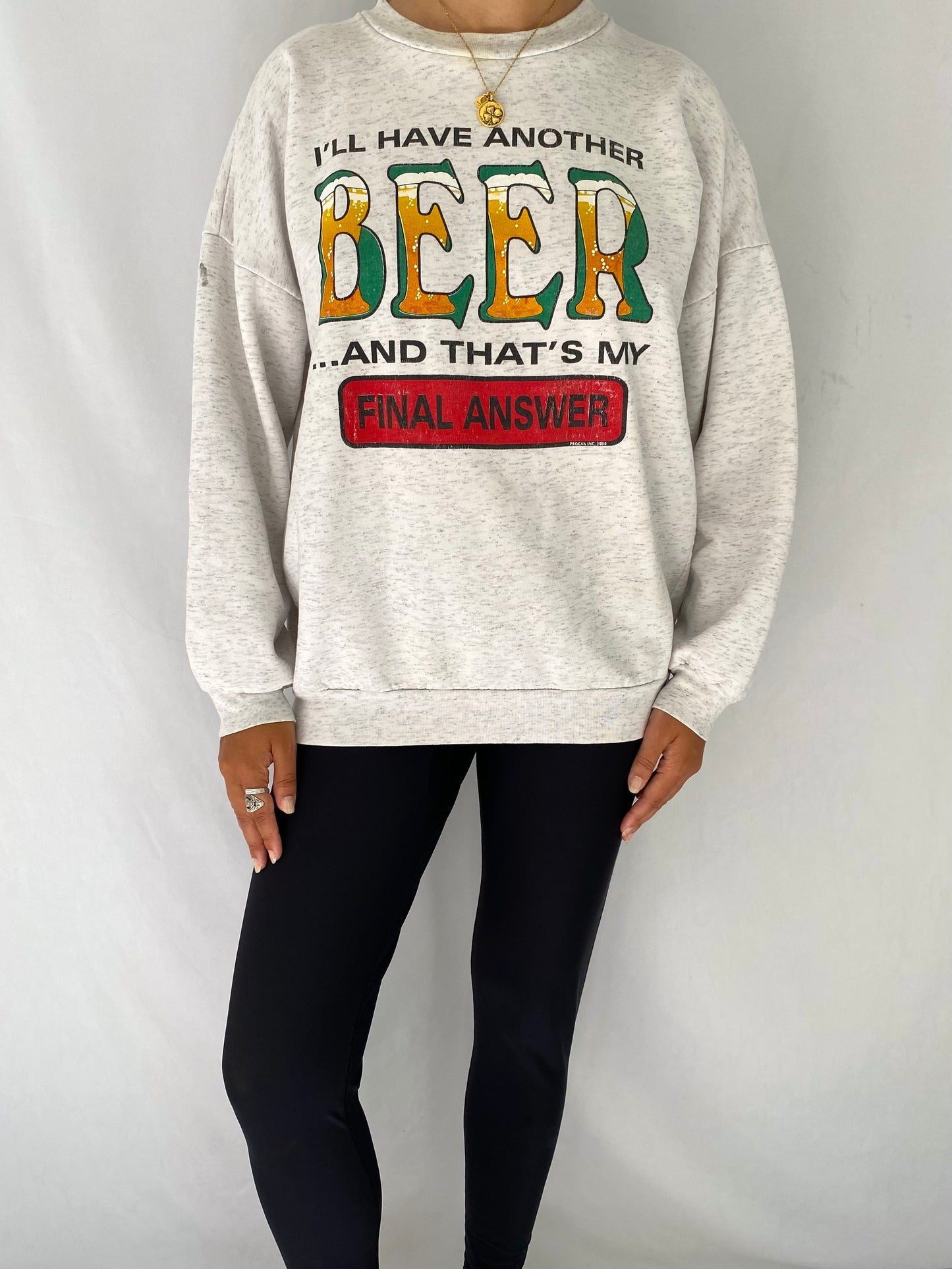 vintage grey beer graphic quote pullover sweater – medium | unisex funny drink phrase crewneck sweatshirt