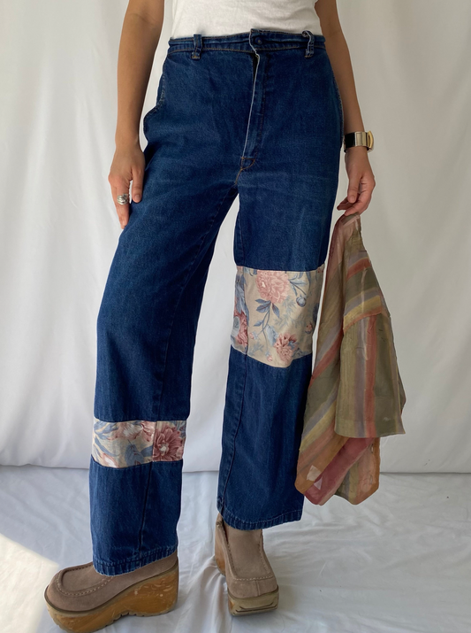 90s vintage blue denim embroidered floral patches straight wide leg pants – medium, 26 - 28” waist | unique retro baggy long jeans