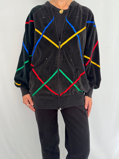 80s vintage black rainbow striped velour track jacket – small, medium | retro funky casual sporty abstract zip up sweatshirt