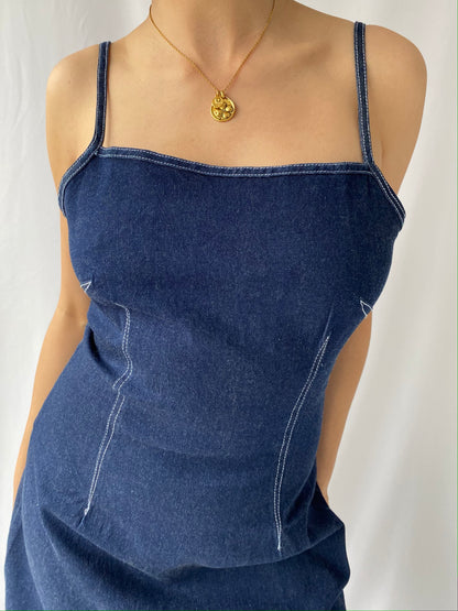 90s vintage blue denim sleeveless mini dress – medium, large | pure cotton fitted stretch jean dress