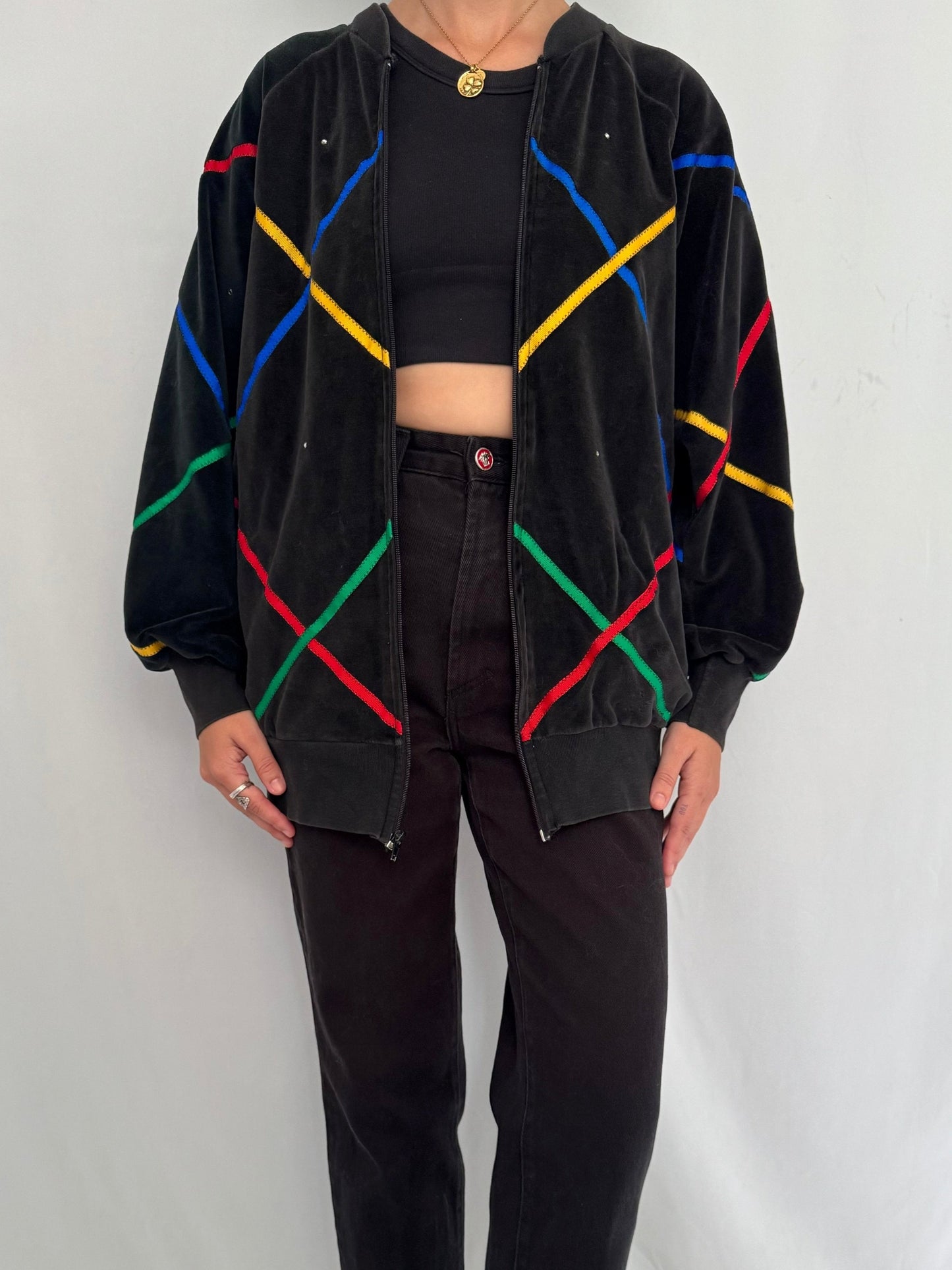 80s vintage black rainbow striped velour track jacket – small, medium | retro funky casual sporty abstract zip up sweatshirt